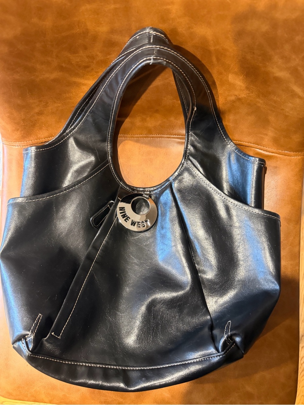 Nine West Black Faux Leather Shoulder Tote with Ring Accent